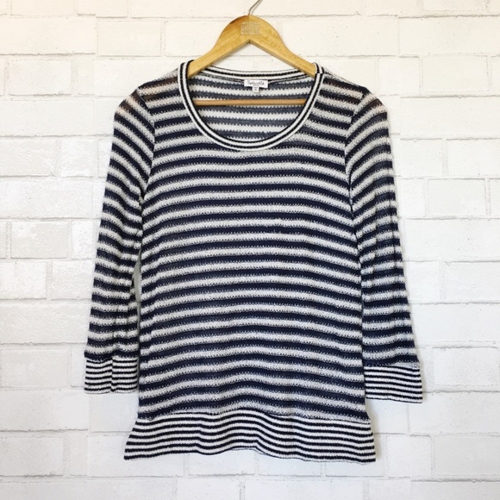 Splendid Navy Blue Striped Open Knit Sheer Lightweight Long Sleeve Top